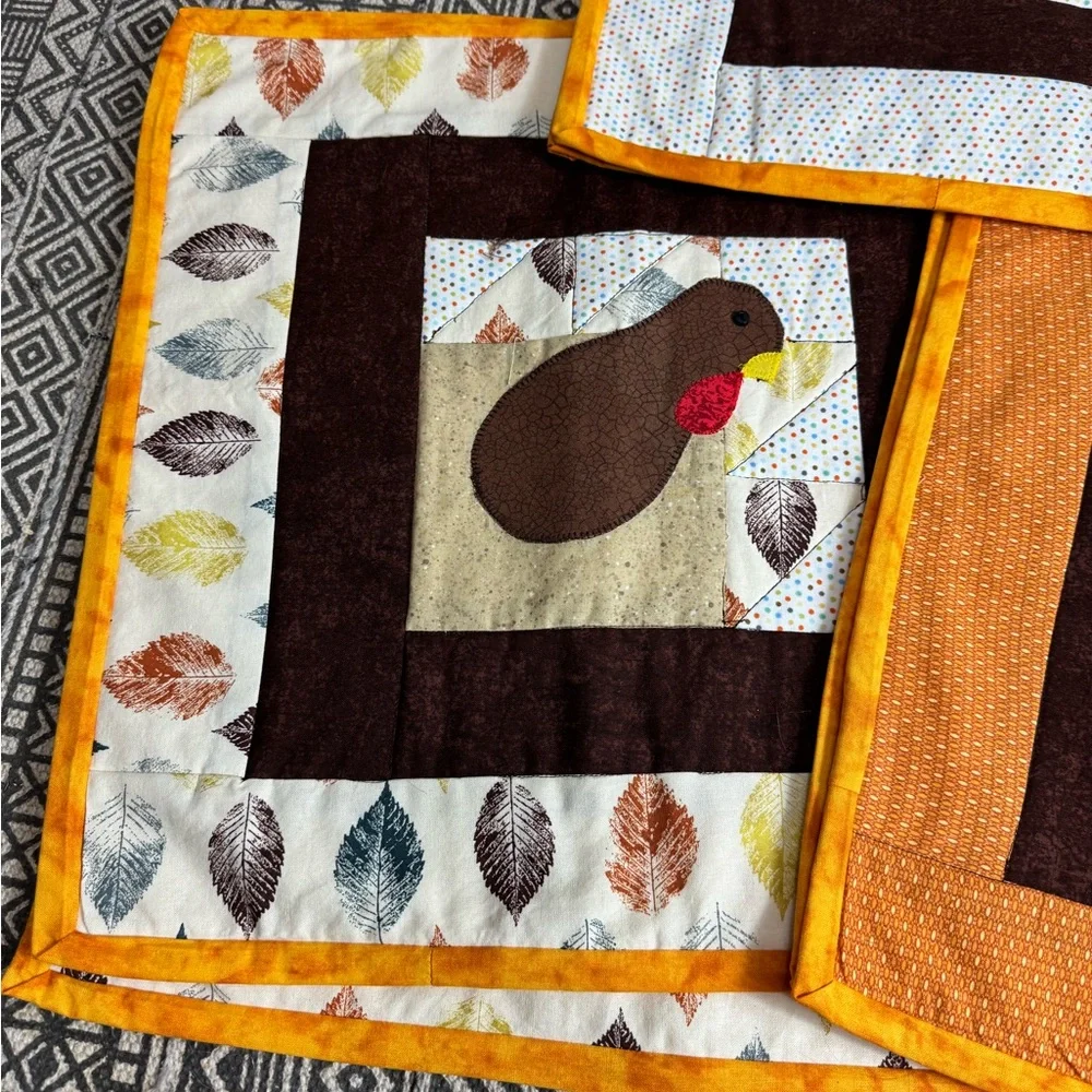 Set of 6 Thanksgiving Turkey Quilted Placemats Cottagecore Country Table Setting